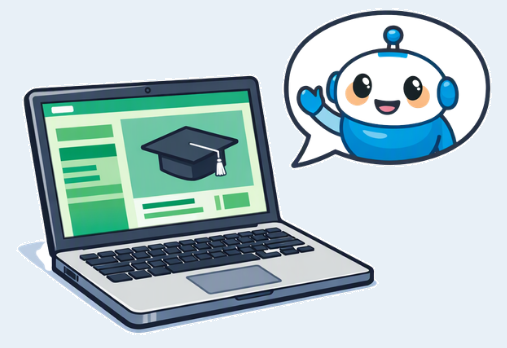 Comicartige Illustration eines Laptops mit Online-Lernplattform auf dem Bildschirm und einem winkenden Roboter als Symbol für Künstliche Intelligenz und das Bildungsportal RLP