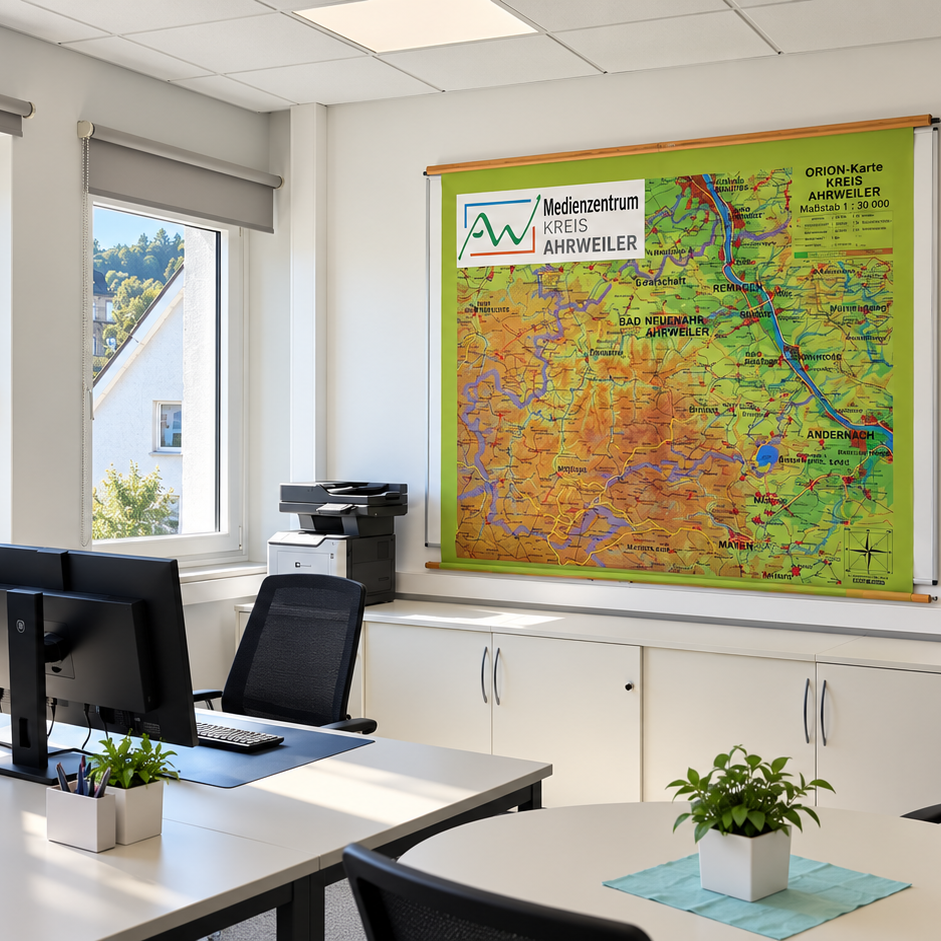 Büro des Kreismedienzentrums Ahrweiler mit Schreibtisch, Bürostühlen und einer Übersichtskarte des Landkreises Ahrweiler an der Wand