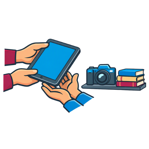 Comicartige Illustration eines Tablets, das von einer Hand an eine andere weitergereicht wird, daneben ein kleines Regal mit Kamera und Büchern als Symbol für die Ausleihe