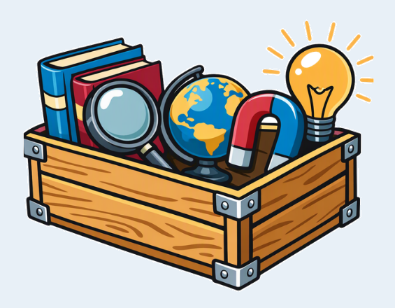 Comicartige Illustration einer Holzkiste mit Büchern, Lupe, Globus, Hufeisenmagnet und leuchtender Glühbirne als Symbol für die Themenkisten und Materialien