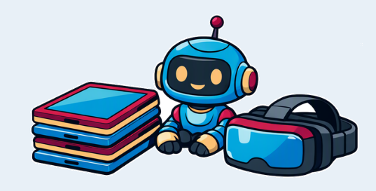 Comicartige Illustration eines freundlichen blauen Roboters neben einem Stapel Tablets und einer VR-Brille