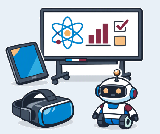 Comicartige Illustration eines interaktiven Whiteboards mit Atom-Symbol, Balkendiagramm und Checkliste, daneben ein Tablet, eine VR-Brille und ein kleiner blauer Roboter