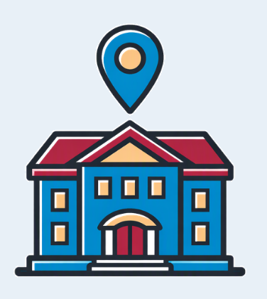 Comicartige Illustration eines Gebäudes mit Standort-Pin darüber, als Symbol für das Kreismedienzentrum Ahrweiler