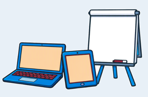 Comicartige Illustration eines Laptops, Tablets und eines Flipcharts als Symbol für Fortbildungen und Workshops